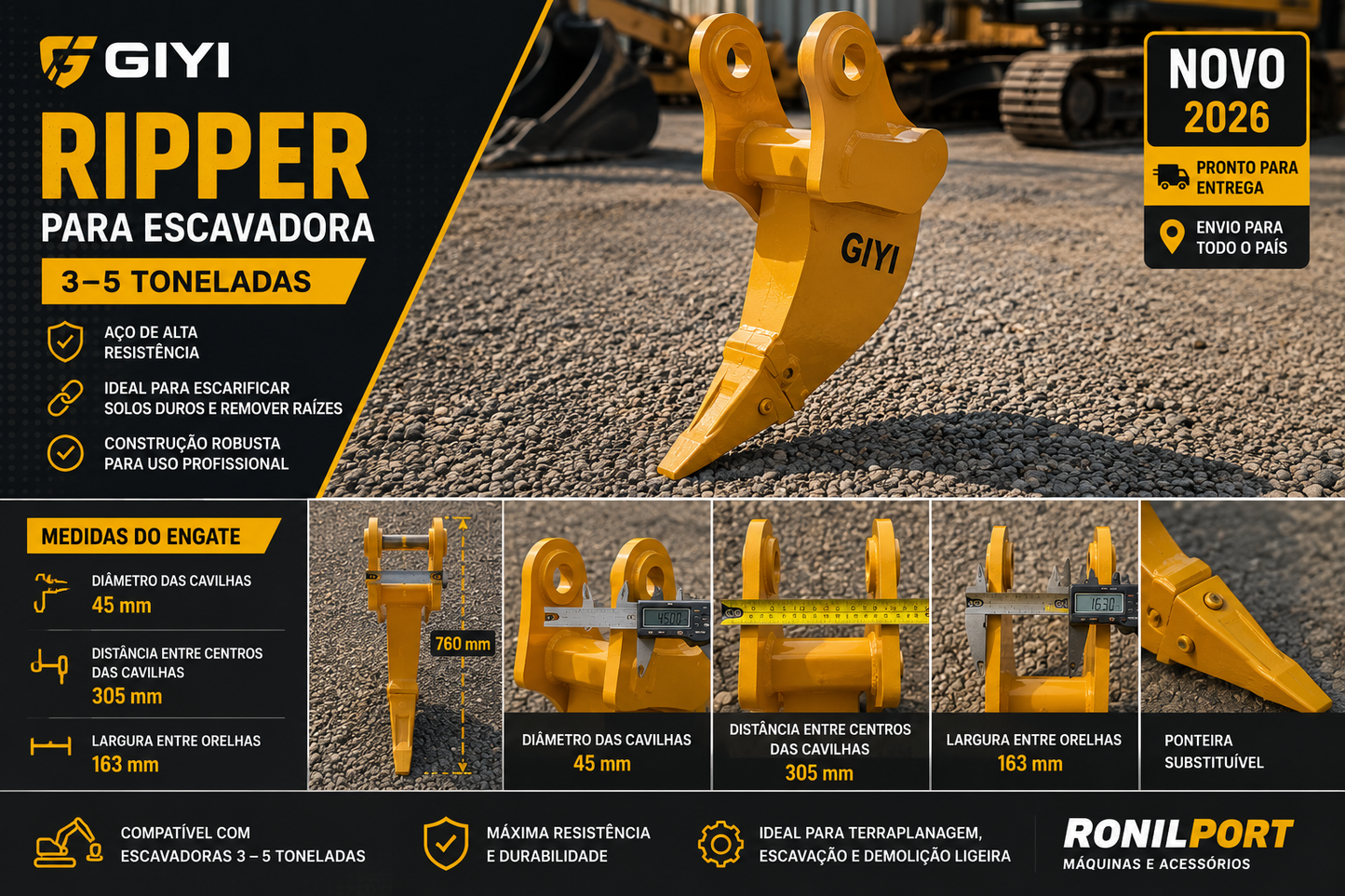 Ripper para Escavadora GIYI | 3–5 Ton | Novo 2026