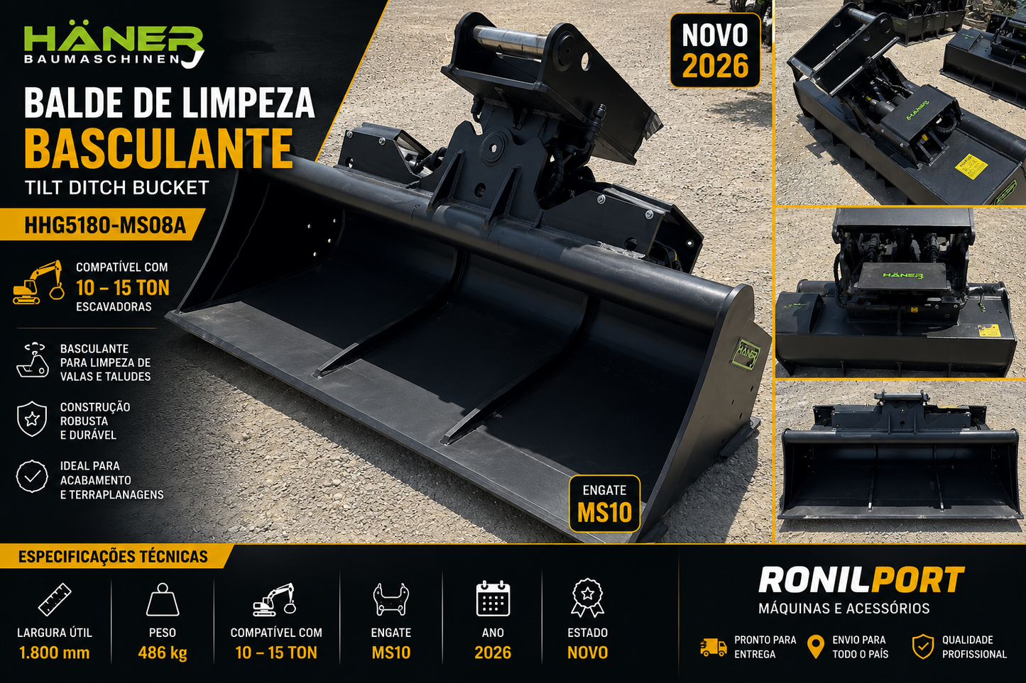 Balde de Limpeza Basculante Haener HHG5180-MS08A 1800 mm | MS10 | 10–15 Ton | Novo 2026