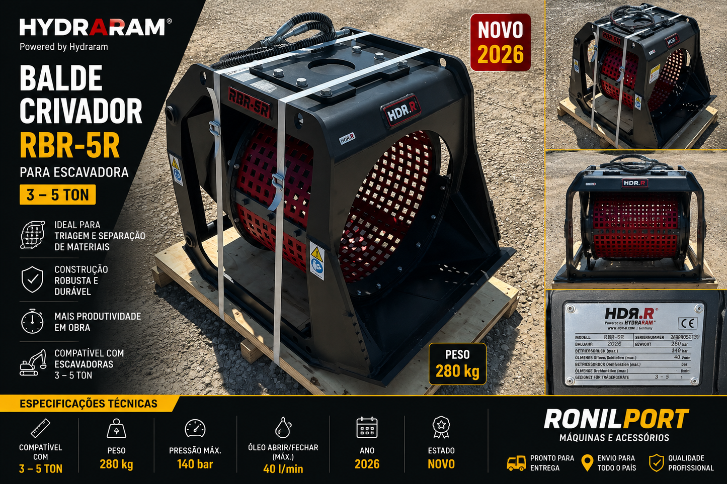 Balde Crivador Hydraram RBR-5R para Escavadora 3–5 Ton | Novo 2026