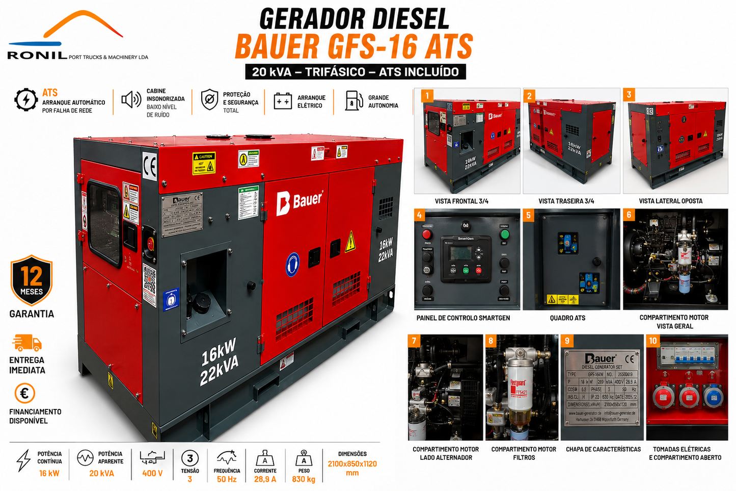 Gerador Diesel Bauer GFS-16 ATS 20 kVA Trifásico Insonorizado | Novo 2025