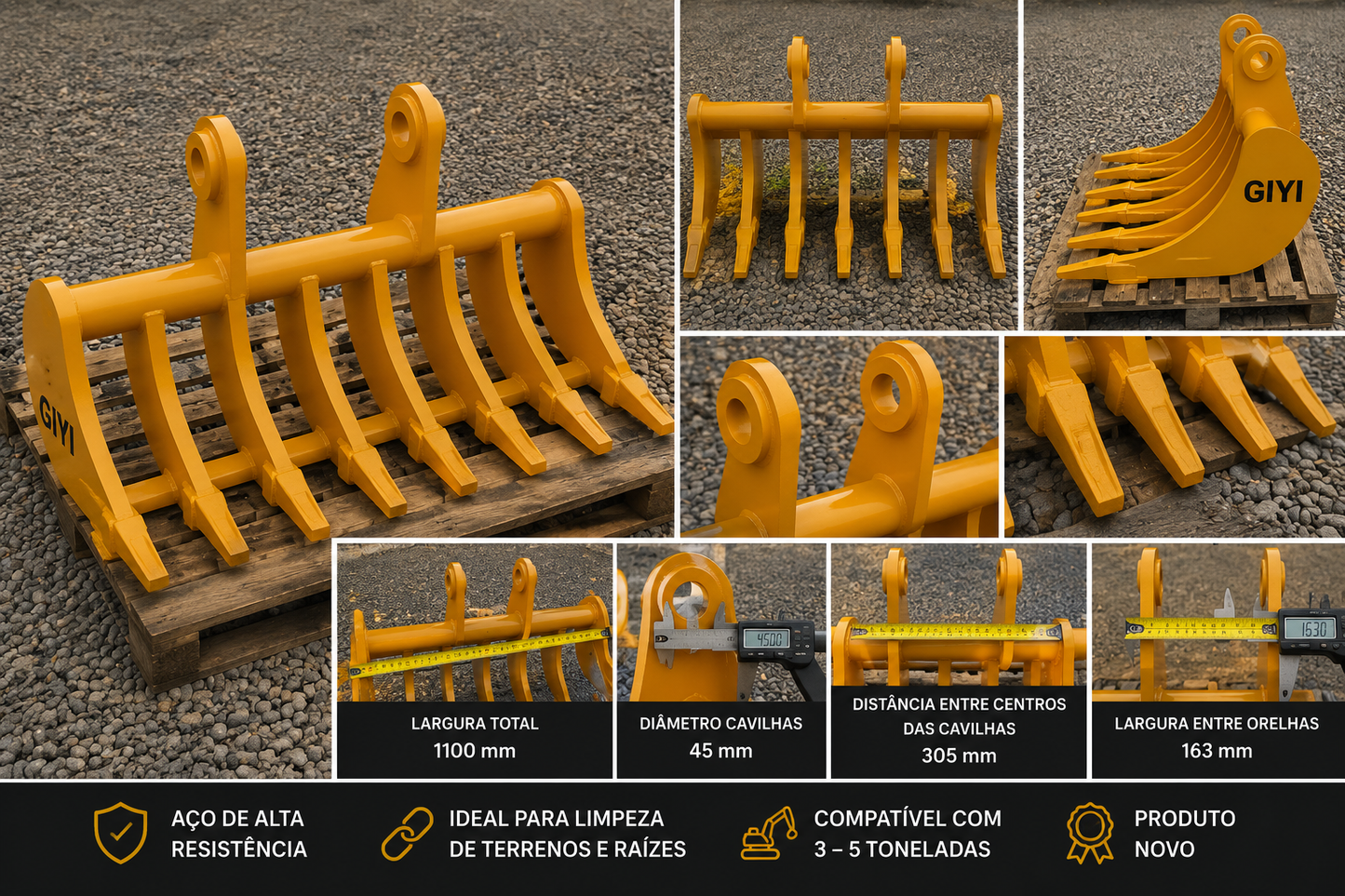 Ancinho para Escavadora GIYI 1100 mm | 3–5 Ton | Novo 2026