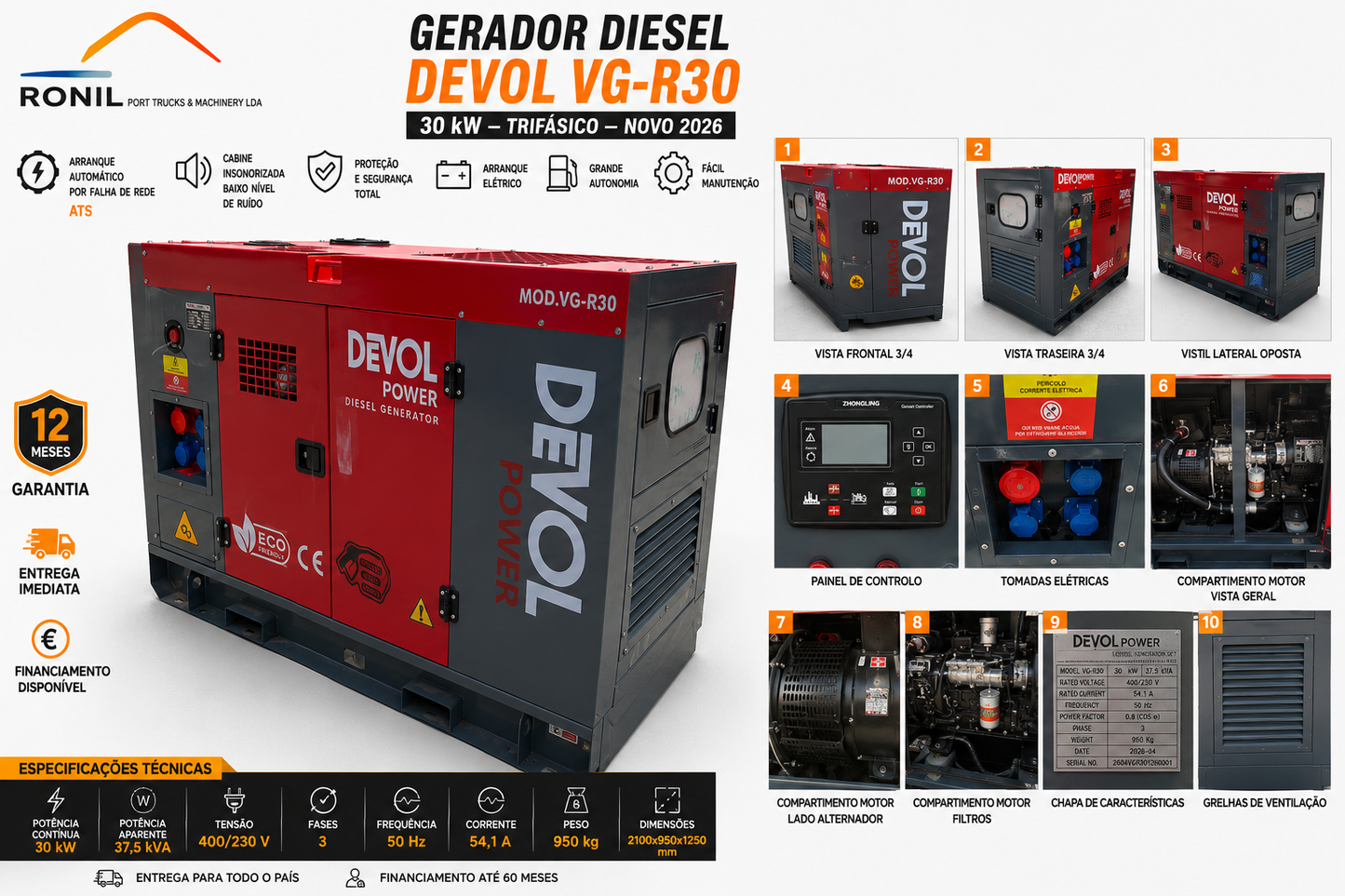 Gerador Diesel DEVOL VG-R30 30 kW / 37,5 kVA Trifásico Insonorizado | Novo 2026