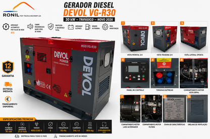 Gerador Diesel DEVOL VG-R30 30 kW / 37,5 kVA Trifásico Insonorizado | Novo 2026