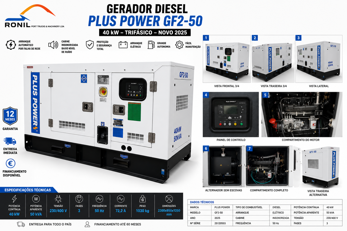 Gerador Diesel Plus Power GF2-50 40 kW / 50 kVA Trifásico Insonorizado | Novo